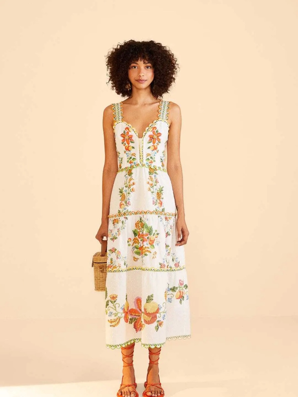 FARM Rio White Floral Midi Sundress with Orange & Green Embroidery